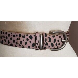 Leopard Animal Print Belt Women L Beige Black Vegan Leather Silvertone Trim 1.5"